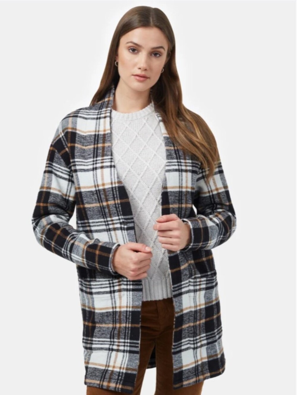 Ten tree Cardigan Small Flannel Cocoon Sweater Jacket Cream Brown Plaid Shacket